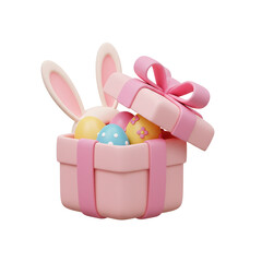 Easter gift box with bunny ears and colorful painted eggs inside