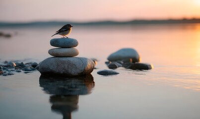 A bird sits on a perfectly balanced, smooth stone, the setting sun reflecting off the stone surface, and calm water beneath. Generative AI