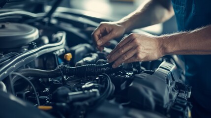 Mechanic inspecting a car engine under the hood. Featuring automotive inspection and repair