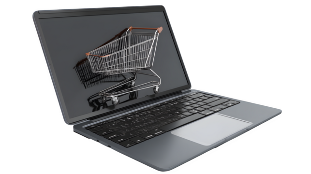 Open laptop showing shopping cart checkout screen isolated on transparent background --ar 16:9 --v 7.0