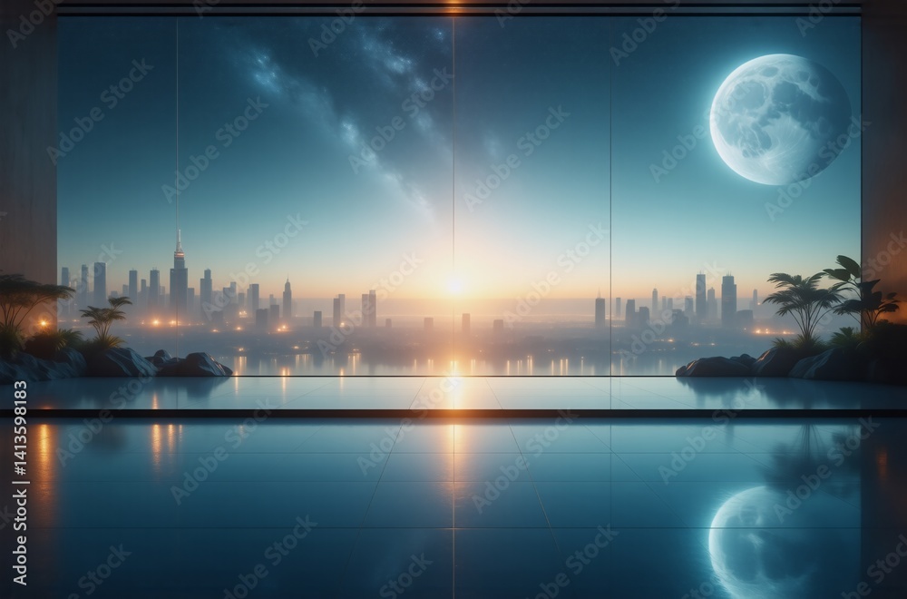 Poster a futuristic cityscape at sunrise, viewed through a large window from an indoor pool. the moon hangs