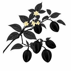 Organic Cocoa Fruit Botanical Illustration on Cocoa Tree Branch - Edible Nutrient-Rich Tropical Food for Sustainable Agriculture