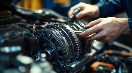 Mechanic repairing a car transmission in an auto shop. Featuring automotive repair skills and precision
