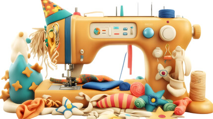 Fototapeta premium 3D Illustration of a Yellow Sewing Machine with Party Decorations and Colorful Craft Elements