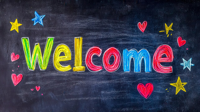 Colorful welcome sign with hearts and stars on blackboard