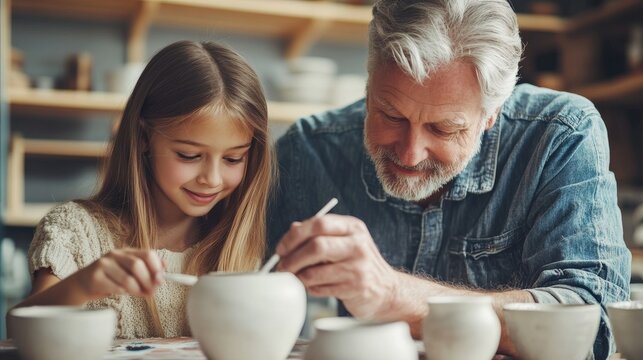 A grandfather and granddaughter enjoy a pottery crafting session together.