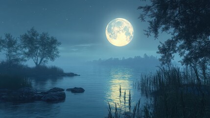 Serene landscape reflecting a full moon's glow over tranquil waterscape