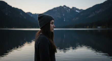 Person in dark clothing standing by calm lake with snow-capped mountains in the background