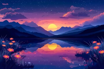 Vibrant Sunset Glow. Serene Lake and Misty Mountains Landscape with Flora Reflection - Digital Art Illustration