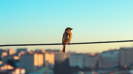 Sparrow perched on wire, city sunrise background; nature, wildlife, urban
