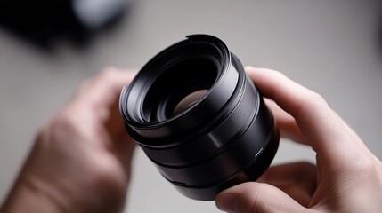 Photographer adjusting a camera lens in a studio. Featuring camera adjustment and photo setup