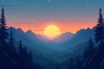Sunset Landscape Illustration. Serene Mountain Vista with Forest Silhouettes and Dreamy Sky
