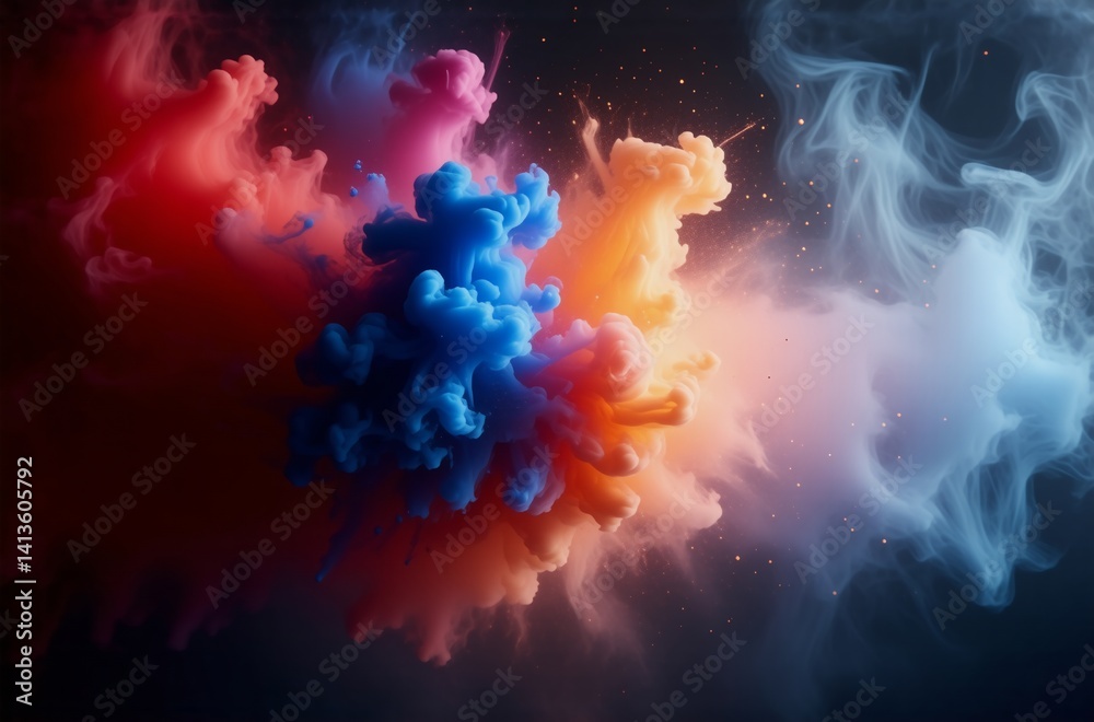 Poster Vibrant clouds of color swirl and blend in a dark, ethereal setting, creating a mesmerizing abstract composition.  The colors diffuse and interact, forming unique textures and shapes.