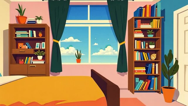Bedroom scene showing bed, dresser, bookcase; ideal for interior design blogs, home decor websites, and furniture advertisements
