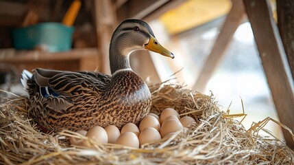 Duck sits atop eggs in a straw nest within a rustic wooden coop structure
