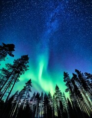 Aurora Borealis Over a Pine Forest – High visual impact, cool tones, and magic