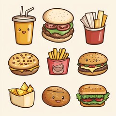Cute Cartoon Fast Food: Cheeseburger, Fries, and Soda Illustration
