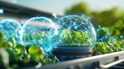 Innovative agricultural technology enhancing plant growth urban garden digital visualization bright environment close-up view sustainability concept