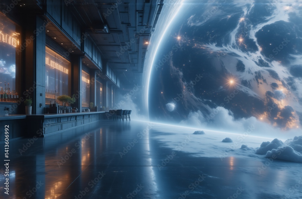 Poster a futuristic bar with a panoramic view of a vibrant, swirling planet seen through a large window. th