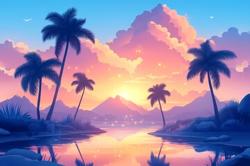Fototapeta premium Vibrant Sunset Scene. Tranquil Mountain Sunset with Palm Trees and Reflections in Tropical Landscape Artwork