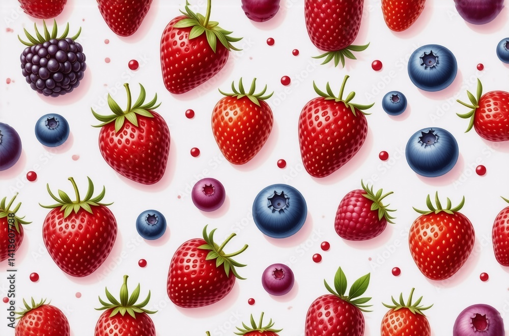 Poster a vibrant pattern of ripe strawberries, blueberries, and blackberries scattered on a light backgroun