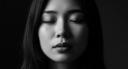 Close-up portrait of a person with eyes closed in black and white