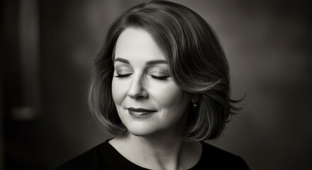 Naklejka premium Close-up portrait of a woman with short wavy hair and eyes closed in black and white