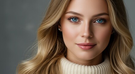 Naklejka premium Close-up portrait of a young woman with blue eyes and long blonde hair wearing a white turtleneck sweater