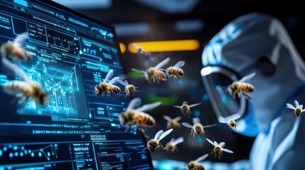 Investigating bee behavior in a tech lab futuristic laboratory digital exploration high-tech environment close-up view science and nature fusion