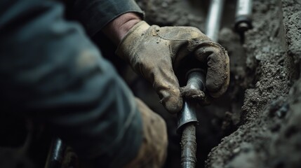 Plumber fitting pipes under a building foundation. Featuring plumbing installation and underground work