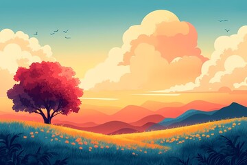 Vibrant Digital Illustration. Colorful Sunset Over Tranquil Rural Landscape with Trees and Mountains
