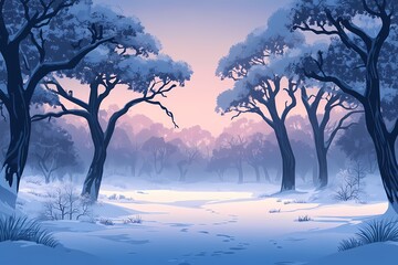 Snowy Landscape at Twilight. A Serene Scene with Winter Trees and Snow-Laden Branches in a Winter Wonderland