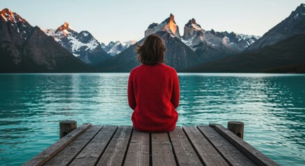 Fototapeta premium Person in red sweater sitting on wooden dock overlooking turquoise water and snow-capped mountains