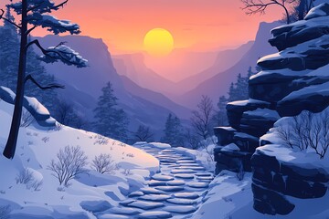 Serene Winter Sunset. Digital Artwork of Snowy Mountain Landscape with River and Trees