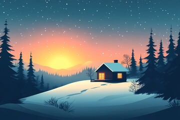 Cozy Wooden Cabin in Snowy Forest Landscape at Winter Sunset - Perfect for Nature Lovers