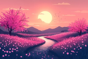 Dreamy Pink Sunset Over Tranquil Floral Landscape. Vibrant Digital Illustration with Serene River and Blooming Flowers