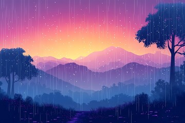 Vibrant Mountain Landscape with Rainy Sunset - Moody Sky & Vivid Dusk Colors in Nature Scenery