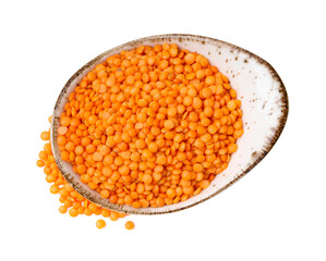 Raw lentils in bowl isolated on white, top view