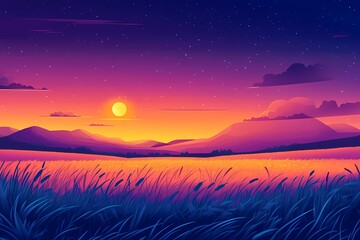 Vibrant Sunset Landscape Over Mountains. A Scenic Horizon in Digital Art