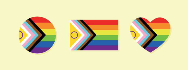 Progress Pride Flag set of icons, heart symbol, circle, vector design elements