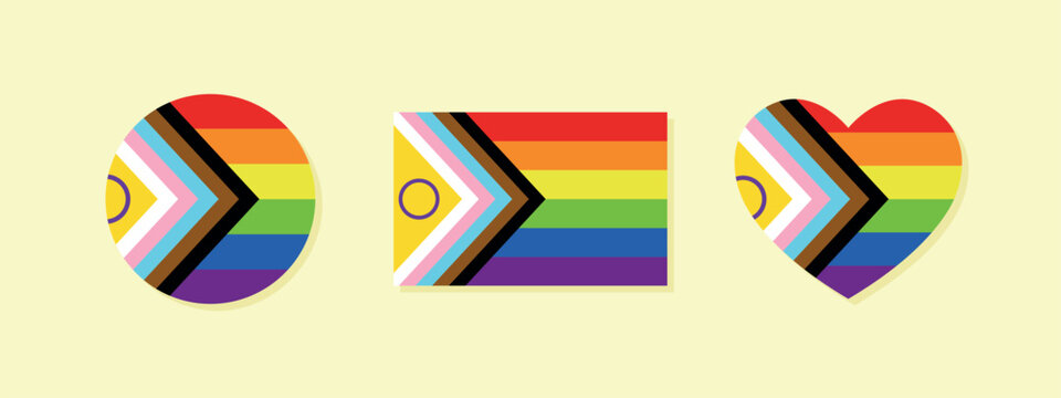 Progress Pride Flag set of icons, heart symbol, circle, vector design elements