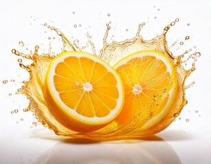Cut lemon for two parts with splashing juice on a white isolated background. Generative AI. 