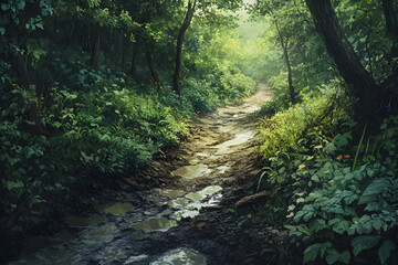 Obraz premium Nature's Challenge: Navigating Muddy Trails in Lush Paradise