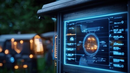 Obraz premium Innovative technology showcase outdoor exhibition digital interface nighttime setting close-up view futuristic concepts for modern living