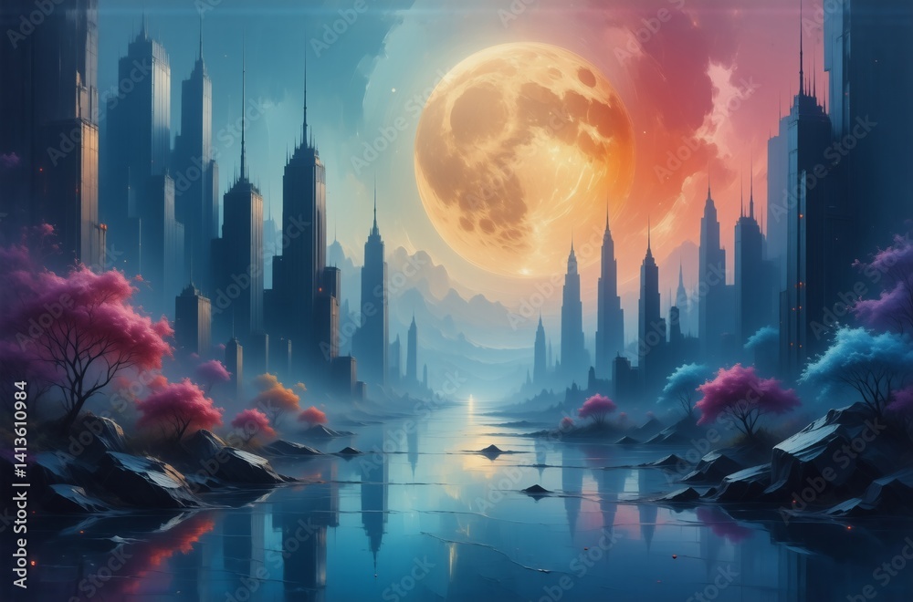 Poster a serene cityscape at twilight, reflecting in a calm river under a massive, vibrant full moon. pink 