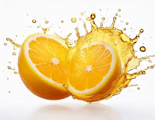 Cut lemon for two parts with splashing juice on a white isolated background. Generative AI. 