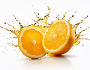 Cut lemon for two parts with splashing juice on a white isolated background. Generative AI. 
