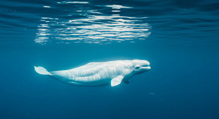 Fototapeta premium A graceful beluga whale near the surface, white skin shining in arctic light with smooth ripples