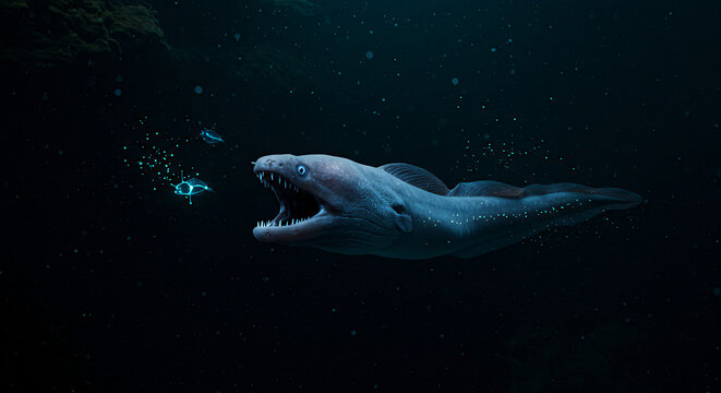 A gulper eel with an enormous mouth drifting silently through deep waters, glowing plankton floating nearby