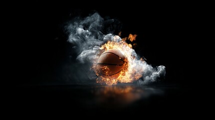 Fiery basketball engulfed in flames and smoke.